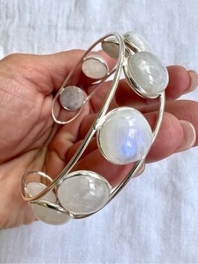 925 Rainbow Flash Moonstone Orbit Cuff Bracelet
